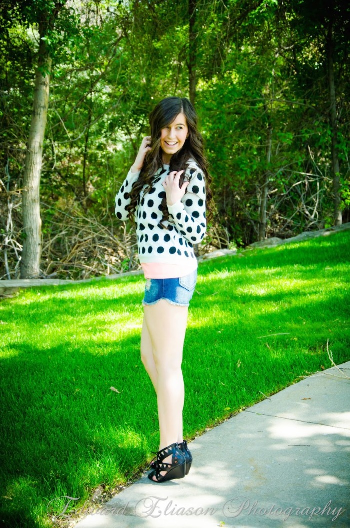 short shorts, polka dot sweater, impressions boutique, impressions clothing, impressions clothing store, pretty, california outfit, night time outfit, cali outfit, pretty long hair, curly hair,